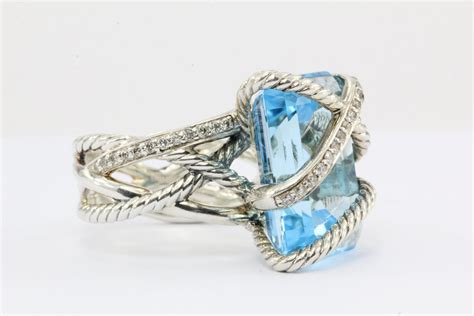 David Yurman Sterling Silver Cable Wrap Blue Topaz & Diamond Ring — Queen May