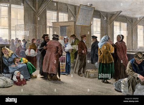 Detained immigrants waiting, Ellis Island, New York, late 1800s. Hand-colored halftone of an ...