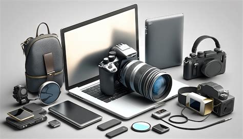 Premium Photo | Laptop camera and accessories on gray background ...