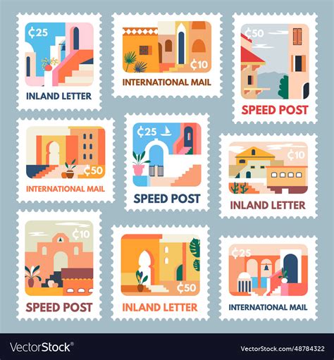 Postage stamp design set with colorful landmark Vector Image