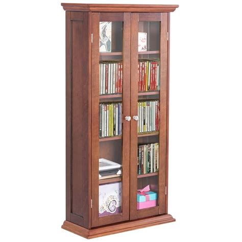 Costway 44.5'' Wood Media Storage Cabinet CD DVD Shelves Tower Glass Doors Walnut - Walmart.com ...