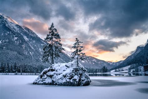 Download Alps Bavaria Germany Island Lake Mountain Tree Snow Nature Winter 4k Ultra HD Wallpaper