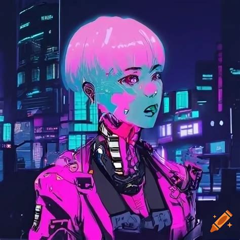 80's anime-style cyberpunk cyborg in a futuristic city on Craiyon