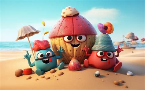 Premium Photo | 3d kids cartoon characters on the beach enjoying summer ...