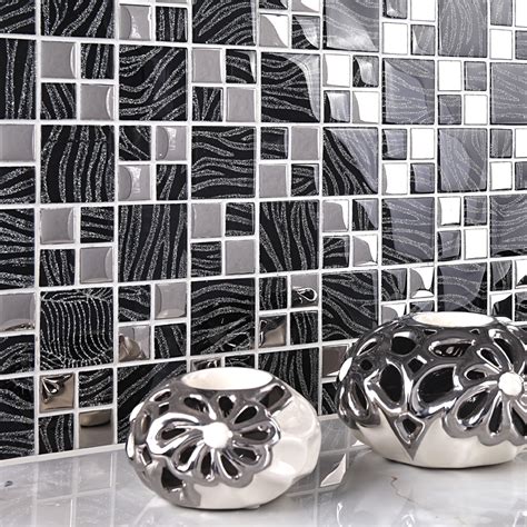 silver with black crystal glass mosaic tiles silver plated glass tiles ...