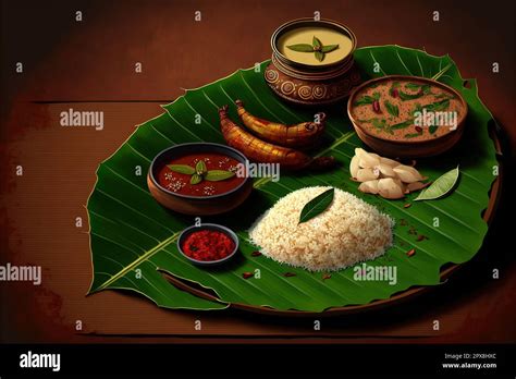 Kerala sadya traditional food served on banana leaf with rice sambar avial payasam and other ...