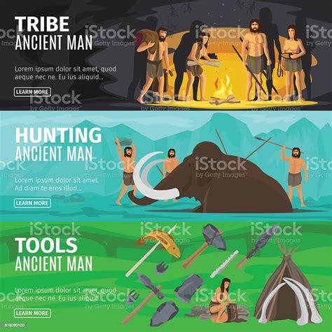 Stone Age Caveman Evolution Banners Stock Illustration - Download Image Now - Adult, Ancient ...