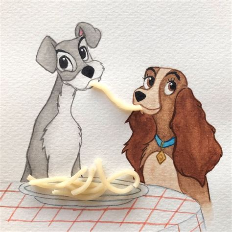 a drawing of lady and the tramp eating spaghetti