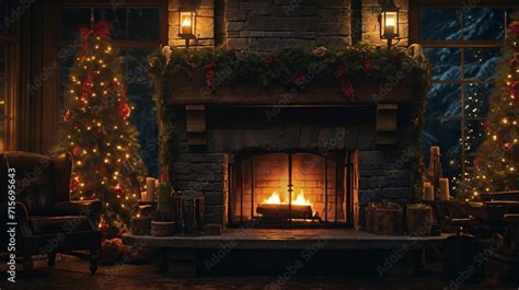 Warm and inviting Christmas scene featuring a roaring fireplace ...