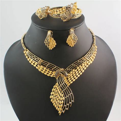 Fashion African Costume Jewelry set Gold Color Crystal Chunky Necklace Bangle Earrings Ring Sets ...