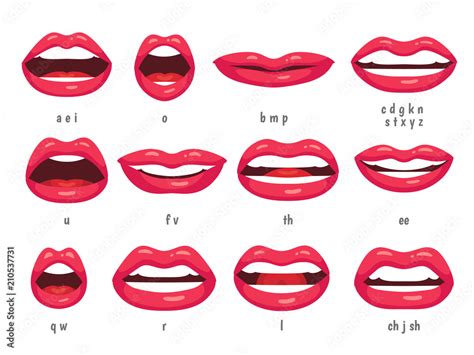 Mouth animation. Lip sync animated phonemes for cartoon woman character. Mouths with red lips ...