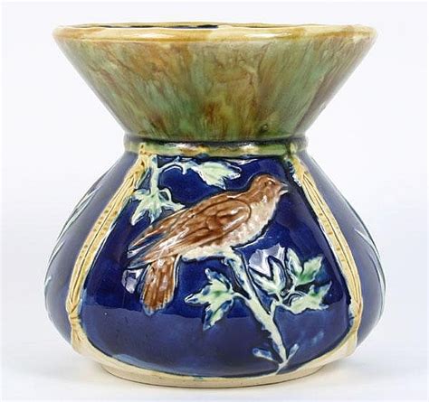 Lot - Majolica Art Pottery Cuspidor Cobalt Ground Birds