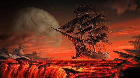 Space Pirates, fiery, planet, ship, art, digital, sails, HD wallpaper ...