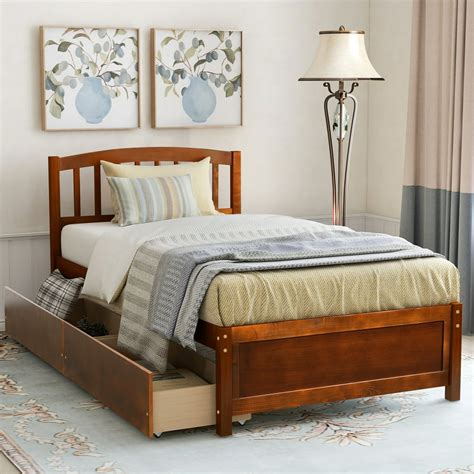 Twin Platform Bed Frame with Storage Drawers, Walnut Twin Bed Frame ...