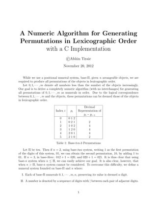 A Numeric Algorithm for Generating Permutations in Lexicographic Order with a C Implementation ...