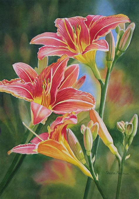 Vintage Red Orange Lilies Painting by Sharon Freeman