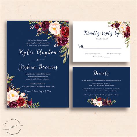 Navy Floral Wedding Invitations Navy Wedding Invite Marsala