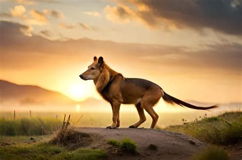 Premium Photo | A dog is standing on a dirt path in the sunset