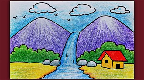 Simple Landscape Scenery Drawing for Beginners | Easy Waterfall Scenery ...