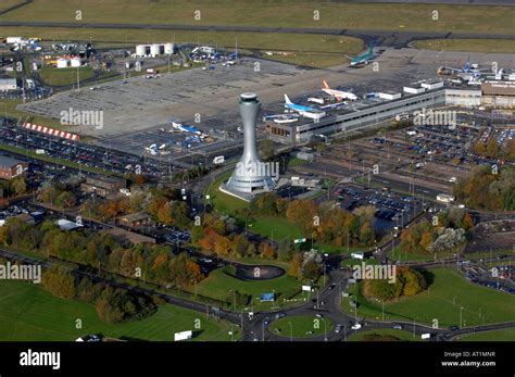 Aerial view of Edinburgh Airport, runway and control tower Stock Photo ...