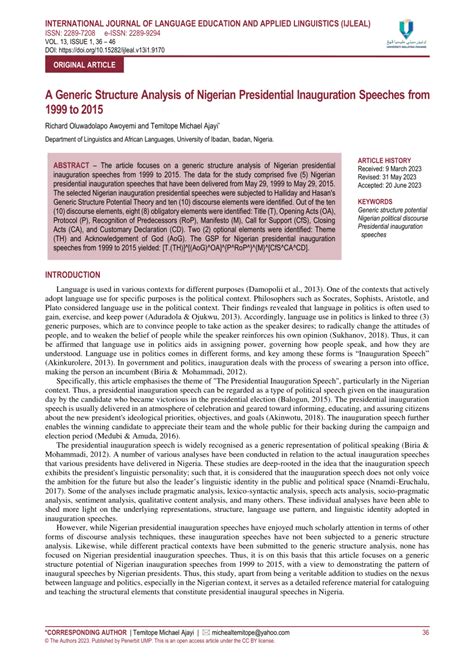 (PDF) A Generic Structure Analysis of Nigerian Presidential Inauguration Speeches from 1999 to 2015