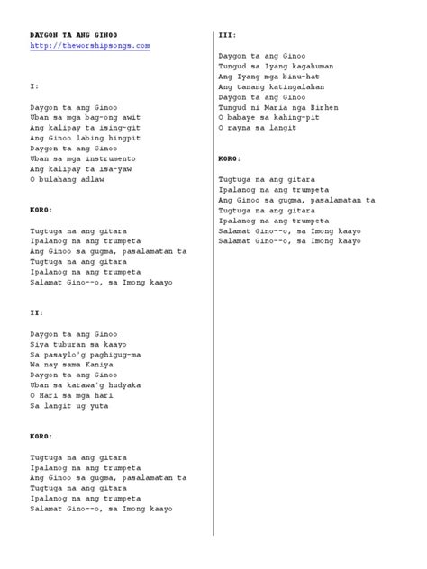 Daygon Ta Ang Ginoo Lyrics PDF | PDF