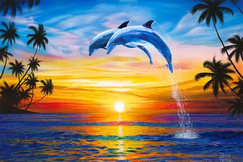 Sunset Dolphins Jumping Out of Water | Dolphin Art