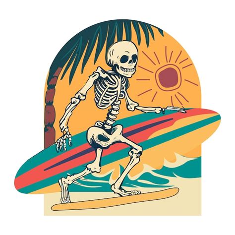 Premium Vector | Skull surfing on the beach running carrying surf board ...