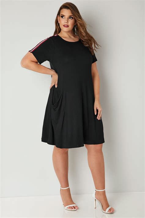 Black Jersey Pocket Dress With Stripe Shoulders, Plus size 16 to 36