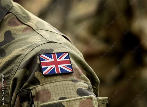 Flag of United Kingdom on military uniform. UK Army. British Armed Forces, soldiers. Collage ...