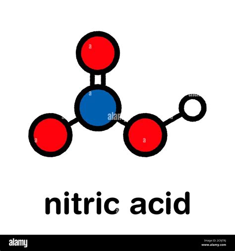 Nitric acid (HNO3) strong mineral acid molecule. Used in production of fertilizer and explosives ...