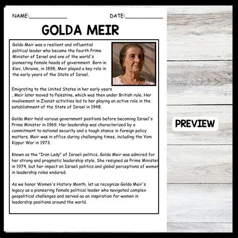 Women's History Month GOLDA MEIR BIOGRAPHY Reading Comprehension | Made By Teachers