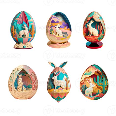 Various Style Paper Mache Egg With Forest And Cute Rabbit Character For Easter Concept. 24107824 PNG