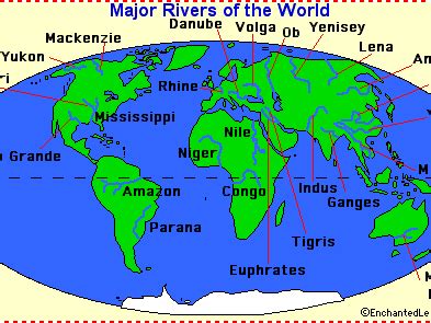 the major rivers of the world are labeled in green and blue, with names on them