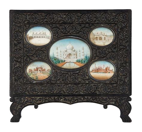 Miniature 19th Century Paintings of Historical Landmarks in Original Gutta Percha Frame