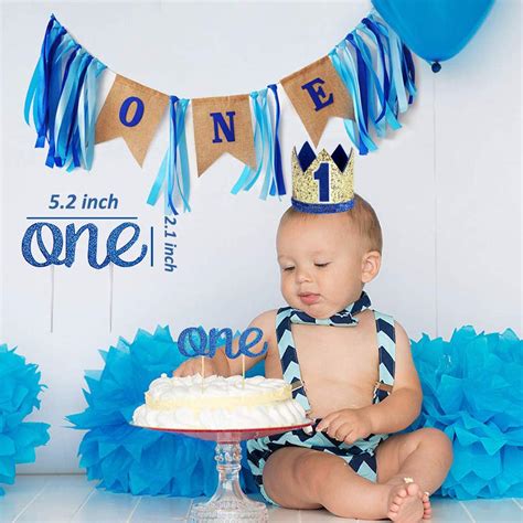 Baby Boy 1st Birthday Decorations and Photo Banner 0-12 Month, First Birthday Crown, Cake Topper ...