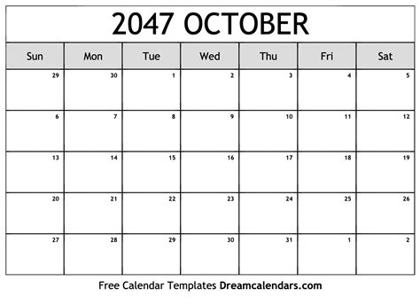 October 2047 Calendar - Free Printable with Holidays and Observances