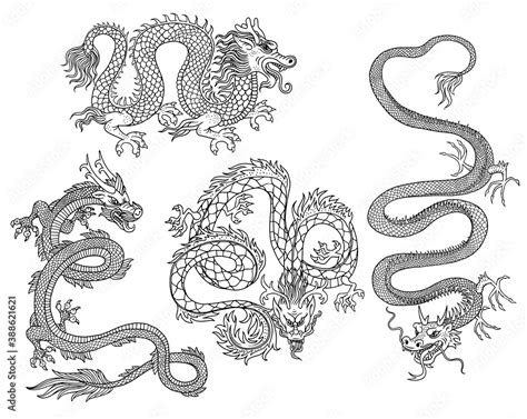 Black line images of Chinese dragon, outline vector illustration isolated. Stock Vector | Adobe ...