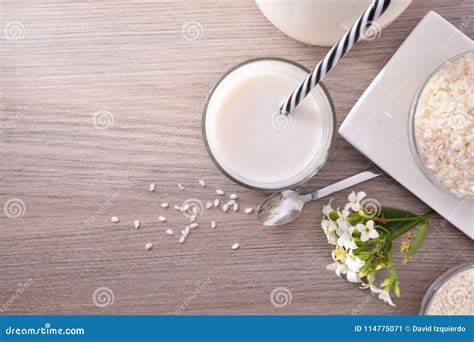 Rice Milk and Rice in Containers in Rustic Kitchen Top Stock Image - Image of healthy, health ...