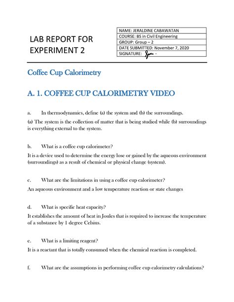 Coffee-Cup Calorimetry Experiment Lab Report with answers and solutions - LAB REPORT FOR ...