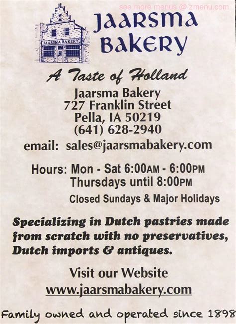 Menu at Jaarsma Bakery, Oskaloosa