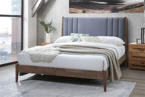 Landywood Dark Wood Bed Frame with Dark Grey Velvet Headboard - Furniture World