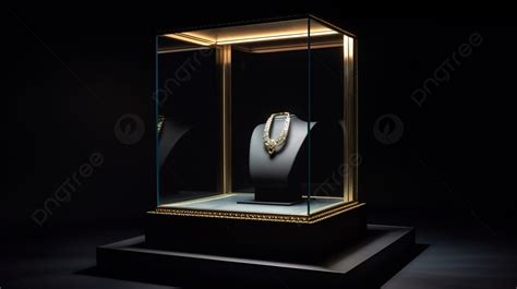 Gold Jewelry Display In Glass Case In Black Room Dark Background, 3d ...