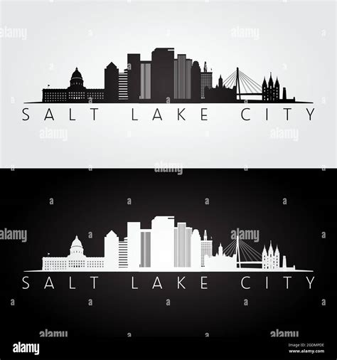 Salt Lake City USA skyline and landmarks silhouette, black and white design, vector illustration ...