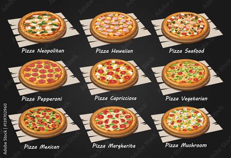 Vector illustration of a Pizza menu including popular pizza varieties, Neapolitan, Italian ...