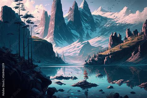 Water and Mountains in a Beautiful Epic Eternal Landscape Digital Art, Concept Art,. Generative ...