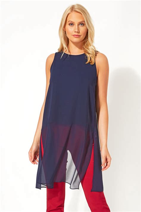 Longline Overlay Tunic Top in Navy - Roman Originals UK