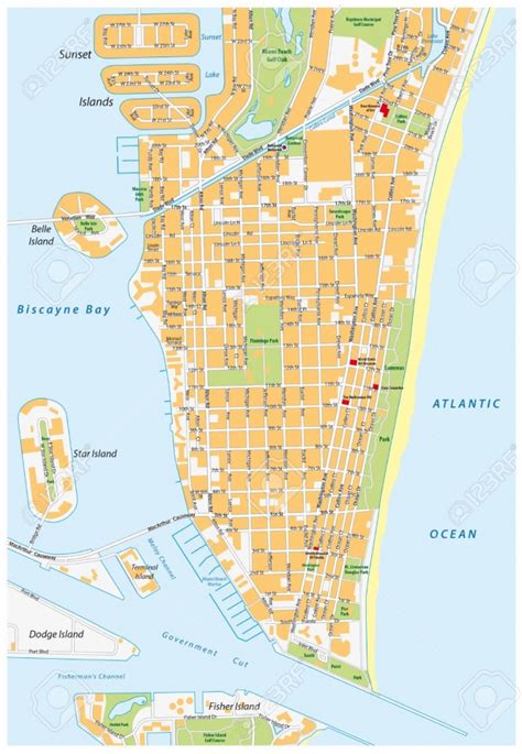 Miami Beach Detailed Vector Street Map With Names, Florida, Royalty ...