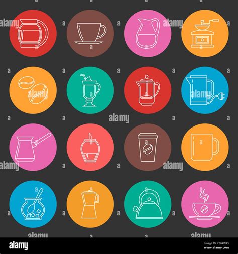 Colorful coffee thin line vector icons set. Collection of color simple icons pictogram tea and ...