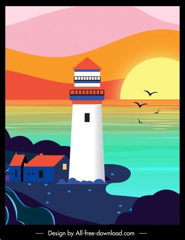 Sea scene painting lighthouse sunset sketch colorful flat vectors stock in format for free ...